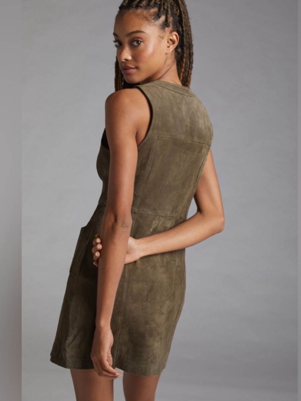 Pilcro Anthropologie Olive Green 100% Suede Leather Sleeveless Mini Dress Size 8 - Picture 3 of 13